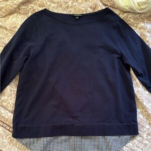 Navy Blue Boatneck Long Sleeve Top with Checked Hem